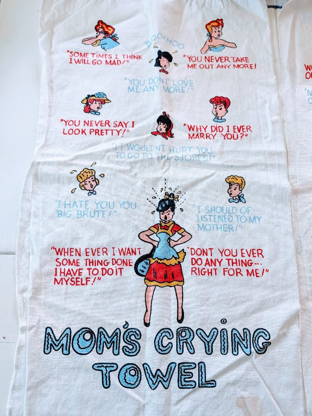 VTG Set of 21950s MCM “Mom's & Pop's Crying” Linen Tea Towels Kitschy Novelty